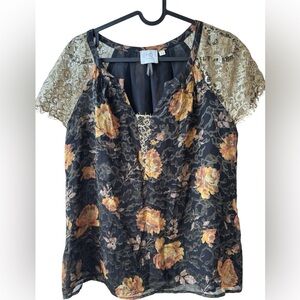 HD in Paris Silk Floral Lace Sleeve Blouse Size 6 Anthropologie Boho Top